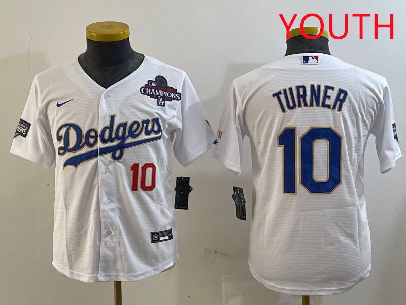 Youth Los Angeles Dodgers #10 Turner White Gold Game 2025 Nike MLB Jersey style 4